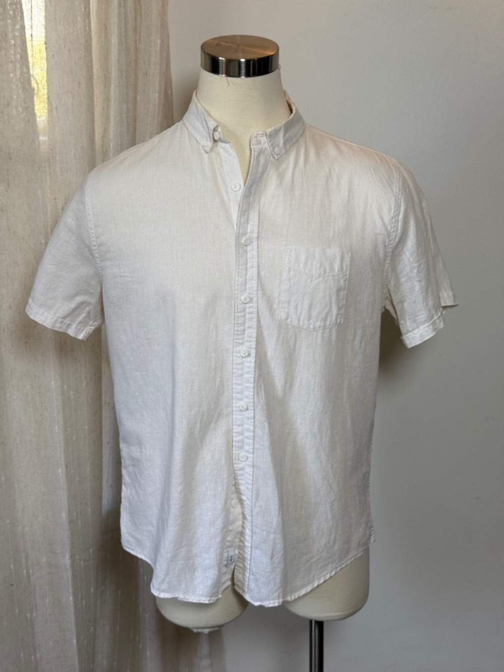Onia Linen Cotton Band Collar Shirt White Men's Large Resort Minimalist